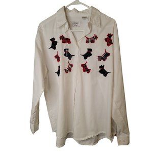 Vintage Witt's End Size Large Womens Top White Tartan Plaid Scottish Dog Print